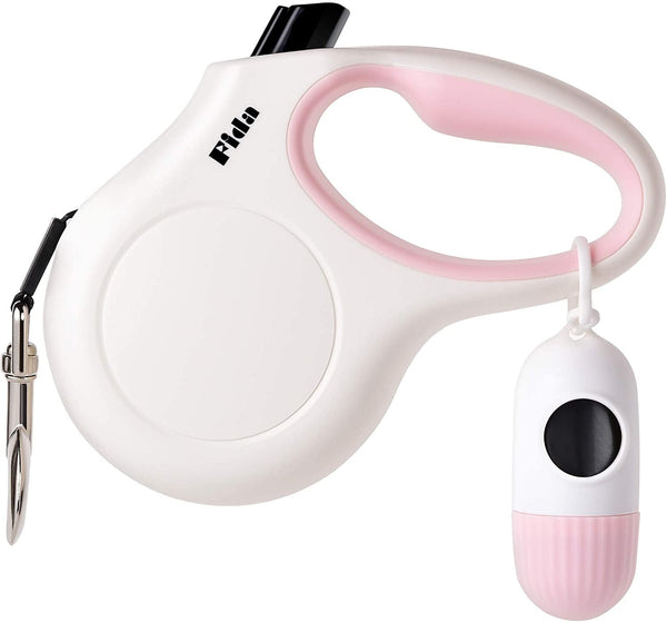 Fida Retractable Dog Leash for Small Breed up to 26 Lbs, 16 Ft Pet Walking Leash with Dispenser and Poop Bags, Anti-Slip Handle, Reflective Strong Nylon Tape, One-Handed Brake (S, White & Pink)1