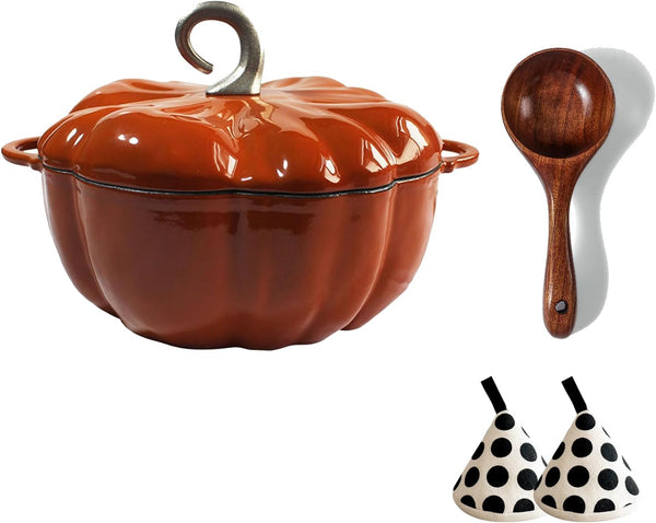 Enameled Cast Iron Dutch Oven, Pumpkin Pot with Lid, 4-Quart Cookware Set, Serves 3-5, Halloween and Thanksgiving Decor Gift, Heavy-Duty Cookware for Braising, Stews, Roasting, Bread Baking, Orange1