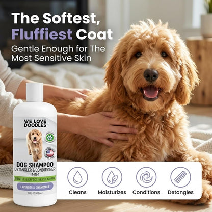 Dog Shampoo, Conditioner & Detangler, Hypoallergenic Tearless Lavender 16OZ | for Sensitive Itchy Skin, Best Shampoo for Smelly Dogs, Goldendoodle, Poodle & Doodle, Puppy Pet Wash Soap, USA Made, 4-In-12