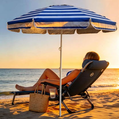 6Ft Beach Umbrella - Heavy Duty Wind Resistant UV 50+ Portable Sun Shade with Sand Anchor & Carry Bag, Outdoor Folding Umbrella for Beach, Pool, Patio, Garden (Blue Strip) No Tilt the Sand Needs to Exceed the Spiral 6Inch7