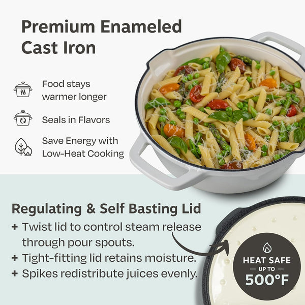 5Pc Stackable Cast Iron Cookware Set, Versatile Enamel Dutch Oven, Seasoned Grill Pan & Enamel Braiser with Precision Pour Spouts, Universal Lid, Included Spacers/Handle Holders, White Dutch7