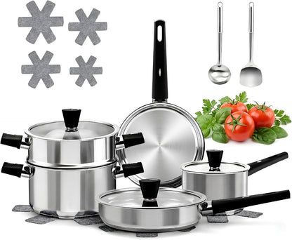 14-Piece Stainless Steel Cookware Set for Induction Stovetops – Non-Toxic Pots & Pans with Stay-Cool Handles, Glass Lids, Steamer, Pot Mats & Utensils – Dishwasher Safe Kitchen Cookware1