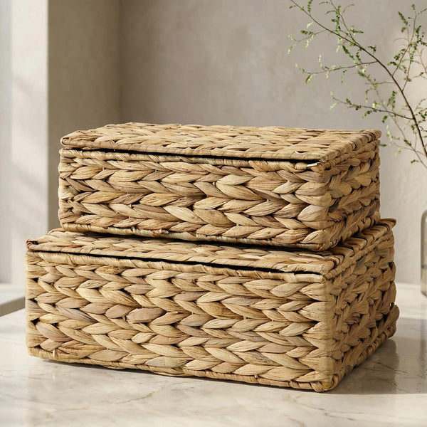 Decorative Storage Boxes with Lids - Set of 2 Wicker Organizer Bins | Beautiful Rattan Design for Shelves and Home Decor - Safely Store Photos, Documents and Memory Box Keepsakes in Style1