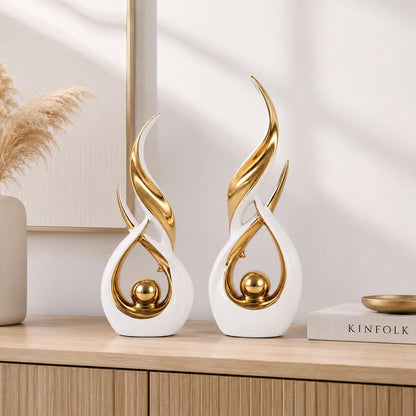 2 PCS White Gold Ceramic Statues for Home Decor Accents, Modern Abstract Art Sculptures, Elegant Tabletop Decorative Objects for Dining Room, Entryway, Tv Stand, Mantel, Coffee Table Centerpieces2