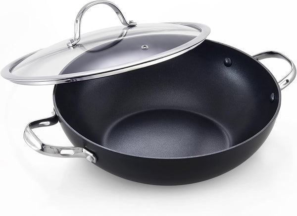 12-Inch Hard Anodized Nonstick Wok Chef’S Pan 5-Qt | Deep Stir Fry Pan with Vented Glass Lid, Dual Side Handles, Flat Bottom Wok, Works on All Stovetops, Induction Ready1