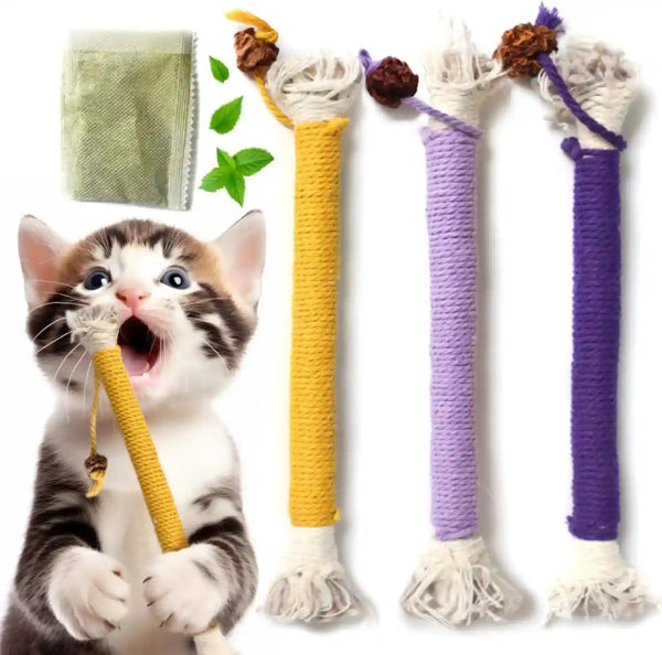 Cat Toys for Indoor Cats, Kitten Toys for Indoor Kittens, Catnip Rope Chew Toys for Teeth Cleaning, Interactive Cat Teething Toy, Kitty Kicker Toy, 3 Pack (Plus 1 Pouch of Catnip)1
