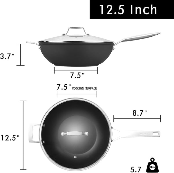 12.5 Inch Nonstick Frying Pan with Lid, Woks & Stir Fry Pans Skillet | Non Toxic, Even Heating, Easy Clean, Dishwasher & Oven Safe, Suitable for Gas & Electric & Induction Stoves, Stainless Steel3