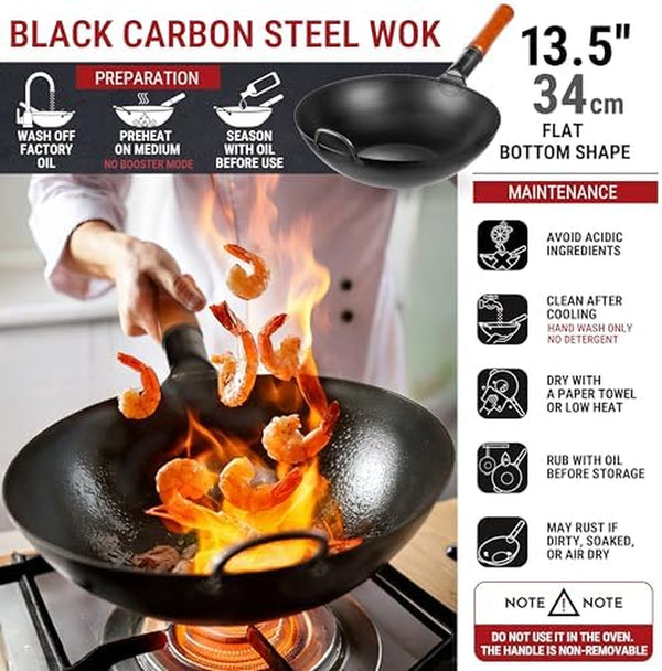 Carbon Steel Wok Pan 13,5 “ + Lid 12.8 in for 13.5-In Wok + 17’’ Spatula and Ladle4