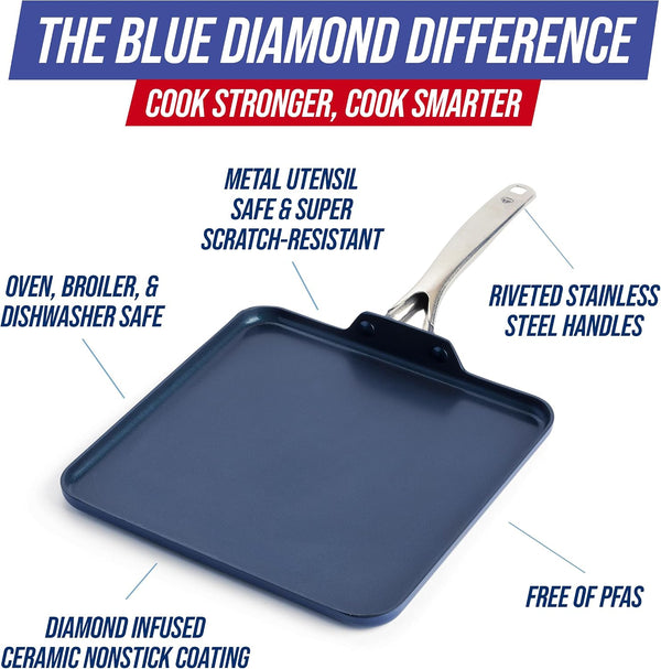 11" Diamond Infused Ceramic Nonstick Square Griddle Pan, Blue | Pfas-Free Ceramic Nonstick, Dishwasher & Oven Safe, Stay Cool Handle, Durable Metal Utensil Safe, Pancake Pan4
