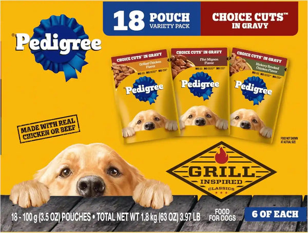 Pedigree Choice Cuts Wet Dog Food Pouch, Protein Variety, 3.5 Oz, 30 Count | Beef, Chicken & Filet Mignon, No Added Sugars or Artificial Flavors, 36 Vitamins & Minerals, 50%+ Water, Complete & Balanced18