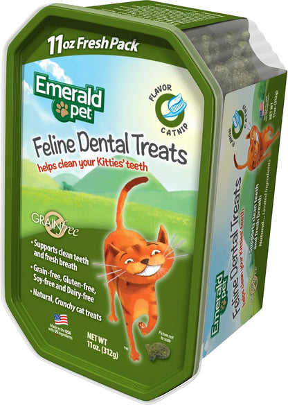 Emerald Pet Grain-Free Cat Dental Treats with Catnip – Crunchy Natural Dental Treats for Cats to Clean Teeth, Freshen Breath, and Reduce Plaque & Tartar – 11 Oz Tub1