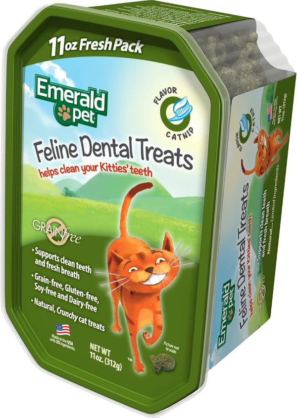 Emerald Pet Grain-Free Cat Dental Treats with Catnip – Crunchy Natural Dental Treats for Cats to Clean Teeth, Freshen Breath, and Reduce Plaque & Tartar – 11 Oz Tub1