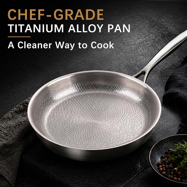10-Inch Titanium Alloy Hammered Frying Pan with Lid, Chef-Grade No-Coating Tri-Ply Skillet, Compatible with Induction, Gas, Electric & Ceramic Cooktops, Oven & Dishwasher Safe (10In)2
