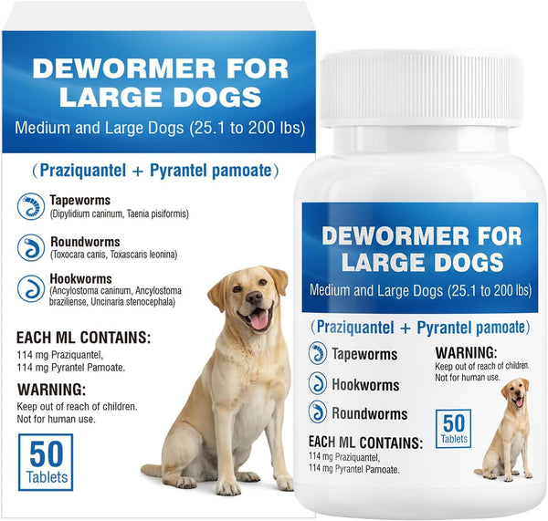 De-Wormer for Dogs, Oral Treatment of Tapeworm, Roundworm & Hookworm, Worm Remover (Praziquantel & Pyrantel Pamoate), Wormer Tablets for Medium and Large Dogs, 50 Tablets1