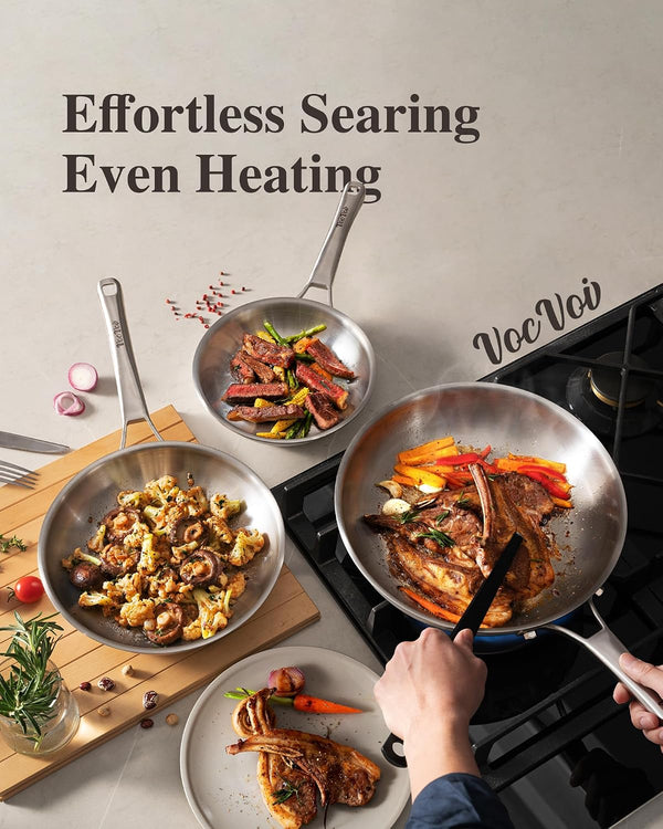 Stainless Steel Pan, 12 Inch with Lid Stainless Steel Frying Pan, Non Toxic Tri-Ply Skillet, PFOA&PTFE Free, Oven and Dishwasher Safe, Induction Compatible4