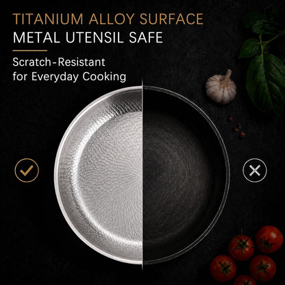 10-Inch Titanium Alloy Hammered Frying Pan with Lid, Chef-Grade No-Coating Tri-Ply Skillet, Compatible with Induction, Gas, Electric & Ceramic Cooktops, Oven & Dishwasher Safe (10In)4