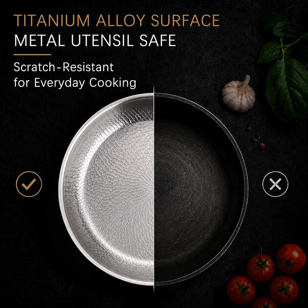 10-Inch Titanium Alloy Hammered Frying Pan with Lid, Chef-Grade No-Coating Tri-Ply Skillet, Compatible with Induction, Gas, Electric & Ceramic Cooktops, Oven & Dishwasher Safe (10In)4