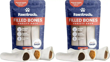 Pawstruck Large 5-6” Filled Dog Bones Variety Pack - Peanut Butter, Cheese & Bacon, Beef Flavors - Made in USA, Long Lasting Stuffed Femur Treat for Aggressive Chewers - Pack of 3, Packaging May Vary10