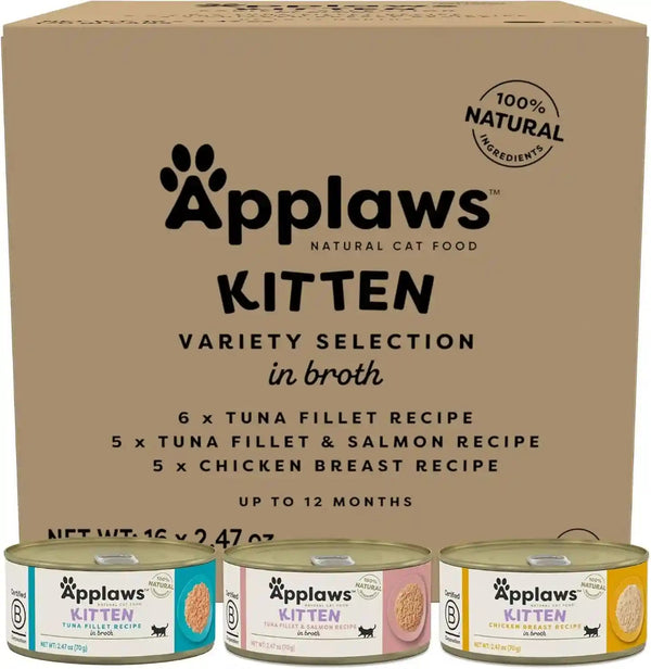 Applaws Kitten Variety in Broth Wet Food, 3-Flavor 16-Pack 2.47 Oz Cans | Tuna, Salmon & Chicken Variety, 100% Natural, High Quality Protein, Limited Ingredient, Complementary Wet Food, Grain Free1