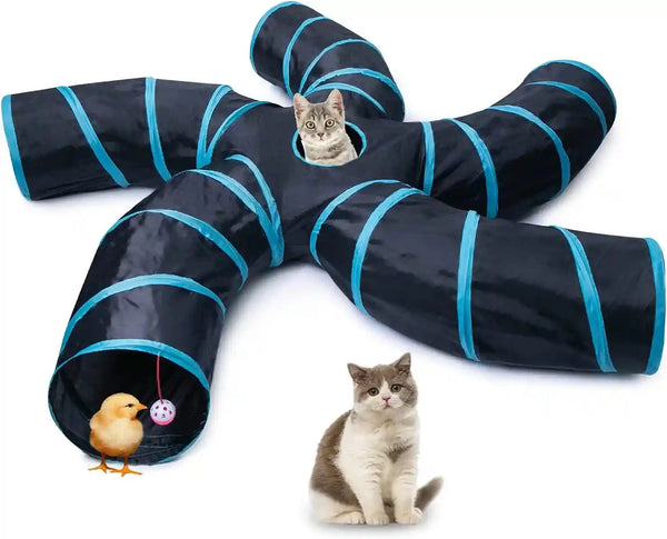 EGETOTA Cat Tunnel for Indoor Cats Large, with Play Ball S-Shape 5 Way Collapsible Interactive Peek Hole Pet Tube Toys, Puppy, Kitty, Kitten, Rabbit (Blue & Black)1