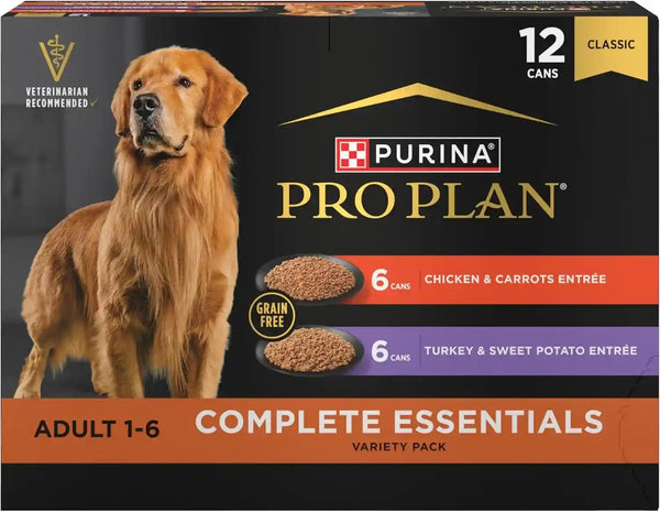 Purina Pro Plan Wet Dog Food Grain Free Complete Essentials Variety Pack, Chicken and Carrots and Turkey and Sweet Potato Entrees - (Pack of 12) 13 Oz. Cans1
