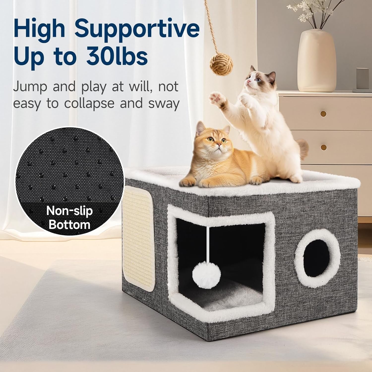 shikha-cat-house-bed-for-indoor-cats-with-fluffy-ball-and-scratch-pad-grey-foldable-large-cat-cave-hideaway-with-cozy-condo-hide-and-seek-window-holds-up-to-30lbs-all-season-reversible-cushion