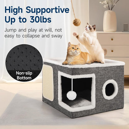 Shikha Cat House Bed for Indoor Cats with Fluffy Ball and Scratch Pad Grey | Foldable Large Cat Cave Hideaway with Cozy Condo, Hide and Seek Window, Holds up to 30LBS, All Season Reversible Cushion4