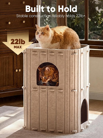 FUKUMARU Cat House for Indoor Cats, Warm Felt Cat Bed, Scratch Resistant | Large Cat Bed Cave, 3-In-1 Cat Condo, Cozy Felt Covered Cats Tunnel, 23.62 Inch Kitten Hideaway for Multicats, Beige7