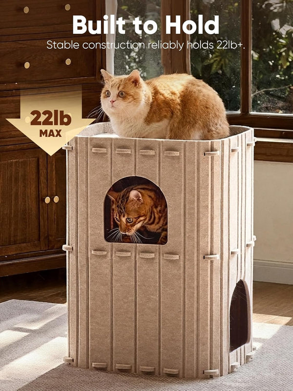 FUKUMARU Cat House for Indoor Cats, Warm Felt Cat Bed, Scratch Resistant | Large Cat Bed Cave, 3-In-1 Cat Condo, Cozy Felt Covered Cats Tunnel, 23.62 Inch Kitten Hideaway for Multicats, Beige7