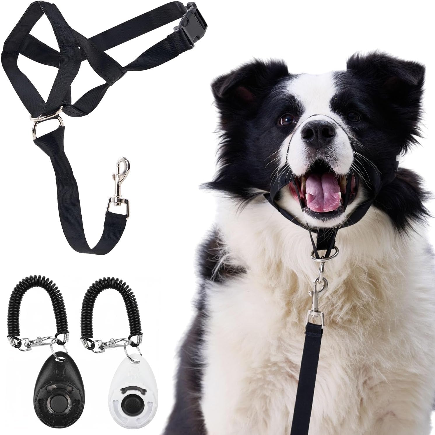 gentle-leader-for-dogs-2x-free-training-clicker-essential-gentle-leader-gentle-leader-with-quick-snap-neck-strap-nose-loop-bonus-clickers-with-wrist-strap-for-leash-training-no-pull-harness