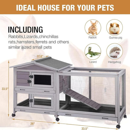 Bunny Cage Indoor and Outdoor Rabbit Hutch with Casters Waterproof Roof, Pull Out Tray from Back and Front 61.2" L X 22.6" W X 33.5" H6