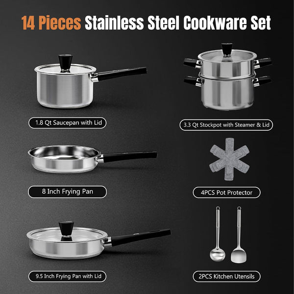 14-Piece Stainless Steel Cookware Set for Induction Stovetops – Non-Toxic Pots & Pans with Stay-Cool Handles, Glass Lids, Steamer, Pot Mats & Utensils – Dishwasher Safe Kitchen Cookware2