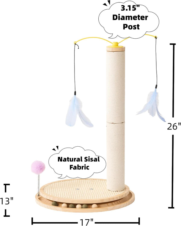 SHENGOCASE Cat Tree Scratching Post Scratcher, 26 Inch Tall, Solid Wood Base,Sisal Rope, Interactive Ball Track and Spinning Wand Feather Toys, Scratch Pad3