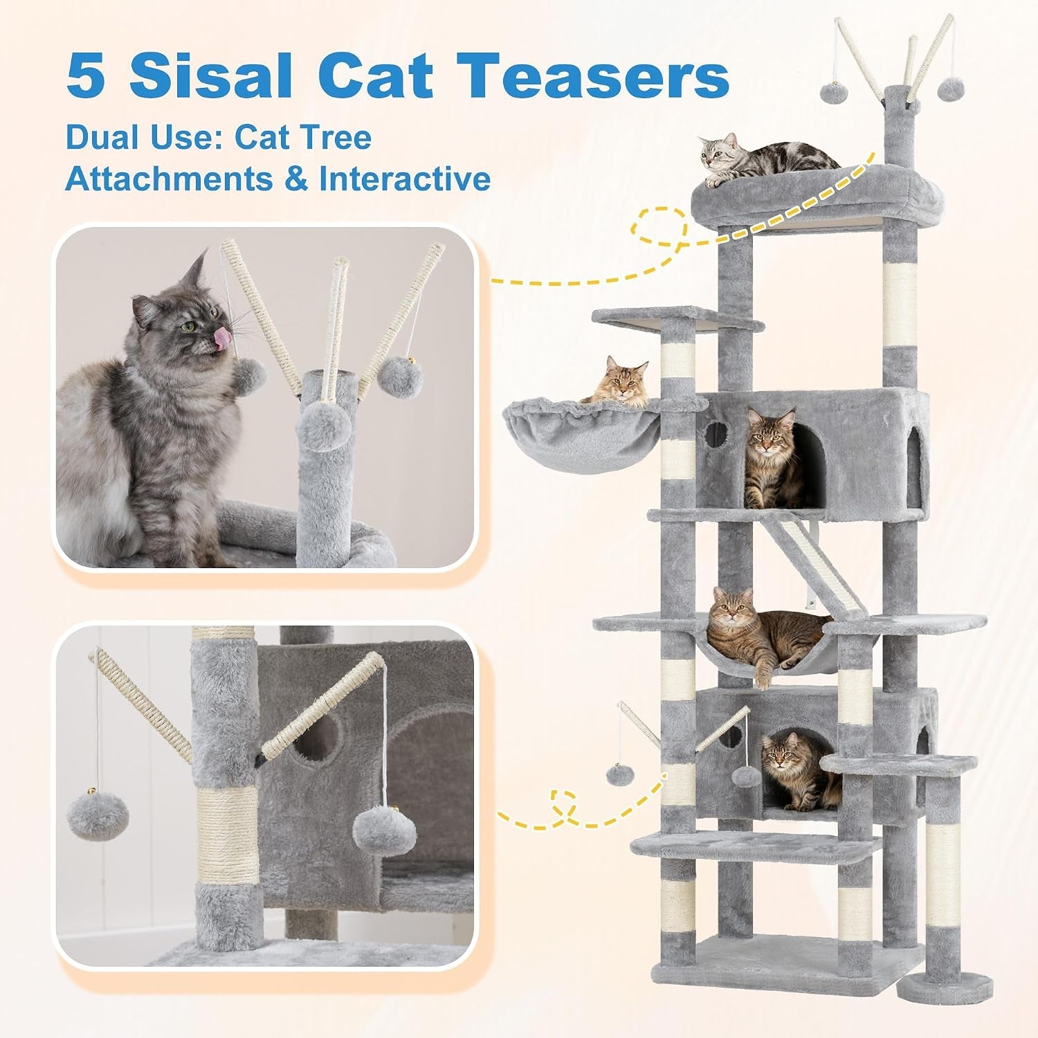 hey-brother-cat-tree-tower-with-sturdy-supporting-posts-2-condos-mpj082w-82-7-inches-multi-level-cat-tower-with-5-teaser-toys-sisal-scratching-posts-large-bed-hammock-for-indoor-cats-light-gray