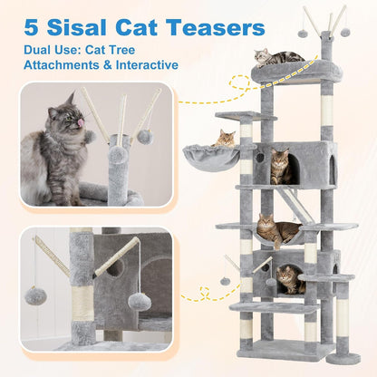 Hey-Brother Cat Tree Tower with Sturdy Supporting Posts, 2 Condos, MPJ082W- | 82.7 Inches Multi-Level Cat Tower with 5 Teaser Toys, Sisal Scratching Posts, Large Bed, Hammock for Indoor Cats, Light Gray4