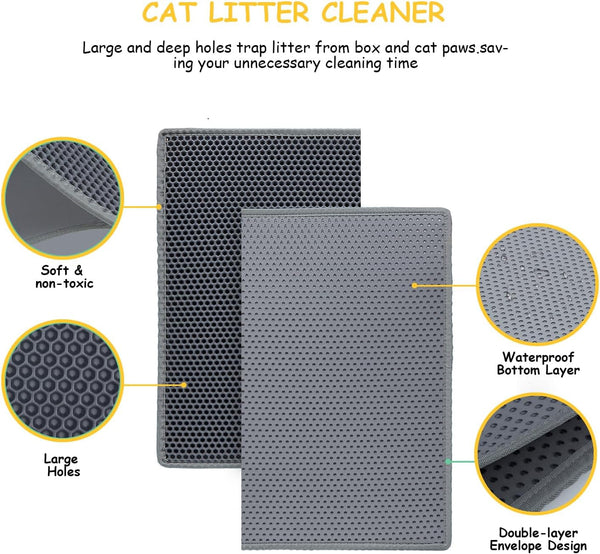 Cat Litter Mats (2-Pack) 24" X 15", Litter Box Mats with Double Layers, Urine-Proof and Non-Slip Litter Trapping Mats, Easy Clean Leakproof , Soft EVA Durable Anti-Scratch Kitty Litter Mat, Grey2