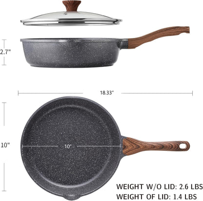 Nonstick Skillet, Deep Frying Pan 10/11/12-Inch, Saute Pan with Lid, Stay-Cool Handle, Healthy Stone Cookware Cooking Pan, Induction Compatible (10-Inch/3.5Qt)5