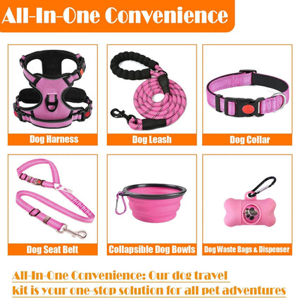 LOBEVE No Pull Dog Harness, Collar & Leash Set | Includes Dog Seat Belt, Collapsible Bowls & Poop Bag Dispenser. Ideal for Training, Walking, Hiking. Fits Small to Large Dogs(Pink-L)2