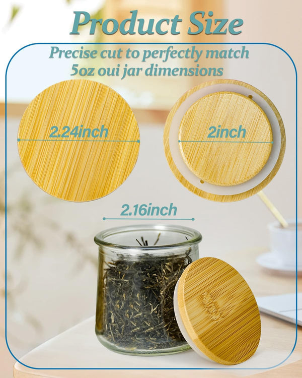 8 Pack Oui Yogurt Jar Lids with 8 Labels, Food-Grade Bamboo Lids for 5Oz Oui Yogurt Jars, Reusable Wooden Canning Covers Perfect for Oui Yogurt Bottle with Airtight Seal Ring(Jar Not Included)2