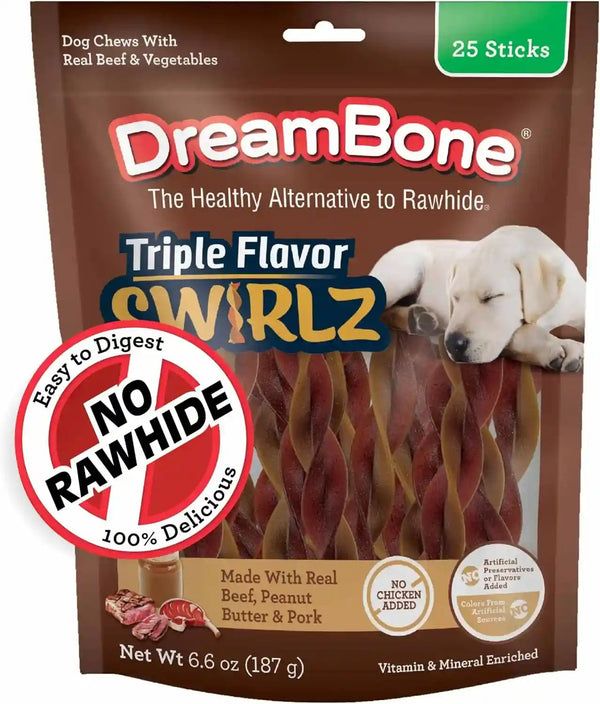 Dreambone Triple Flavor Twisties Dog Treats, Daily Rawhide-Free Chew, Digests Safely, with Real Protein, Beef, Pork, Chicken and Veggies, 25 Count13
