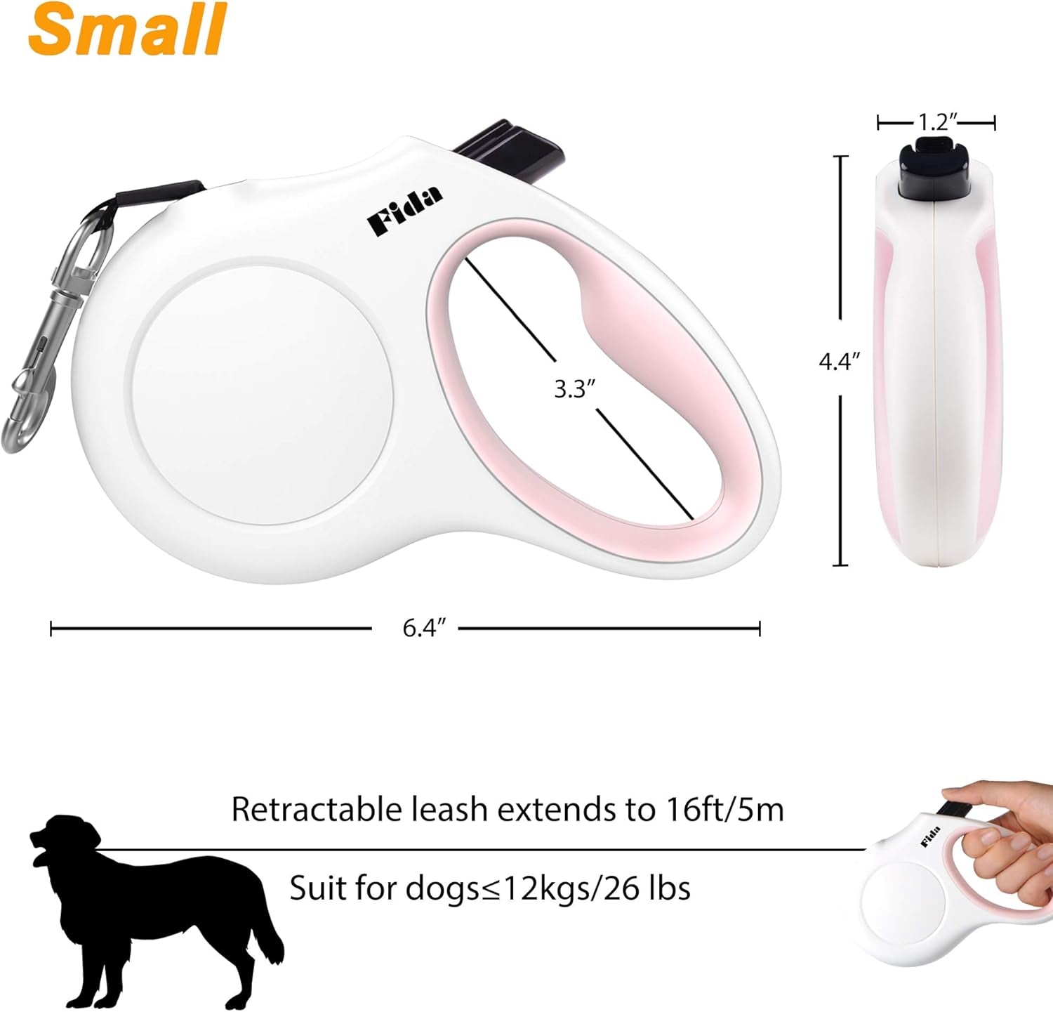 fida-retractable-dog-leash-for-small-breed-up-to-26-lbs-16-ft-pet-walking-leash-with-dispenser-and-poop-bags-anti-slip-handle-reflective-strong-nylon-tape-one-handed-brake-s-white-pink