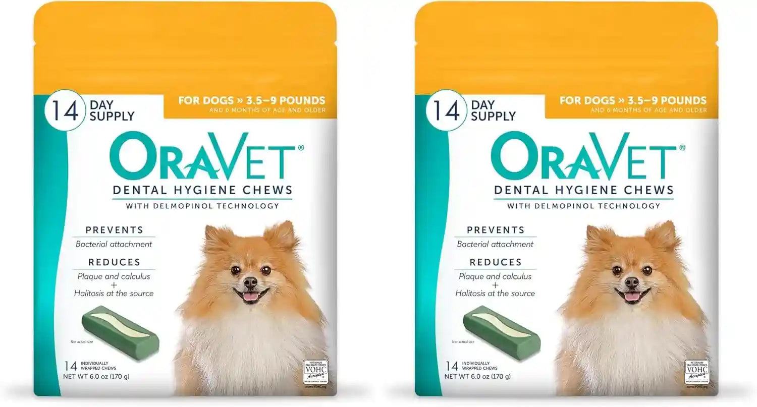 oravet-dental-chews-for-dogs-oral-care-and-hygiene-chews-extra-small-dogs-3-5-9-lbs-yellow-pouch-30-count-vohc-accepted-dual-action-chew-reduces-plaque-tartar-freshens-breath-barrier-vet-recommended-yellow-30-pack