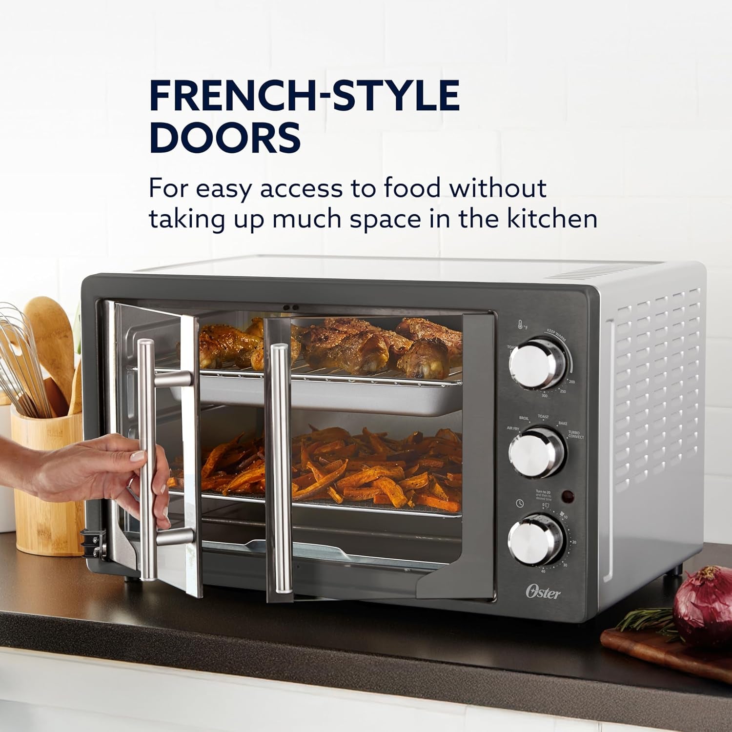 oster-extra-large-42l-french-door-countertop-toaster-oven-6-in-1-air-fryer-oven-with-air-fry-rack-wire-rack-baking-pan-and-crumb-tray-stainless-steel