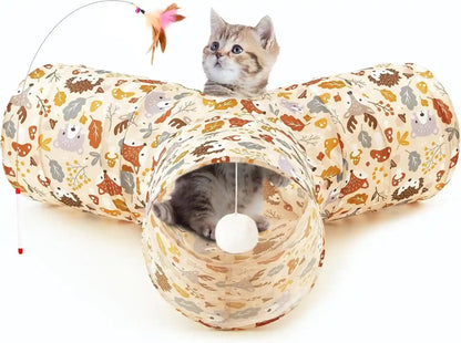 Tempcore Pet Cat Tunnel Tube Toys 3 Way Collapsible, Tunnels for Indoor Cats, Interactive Tube with Teaser Wand, Peek Holes & Hanging Ball, Black & Blue23