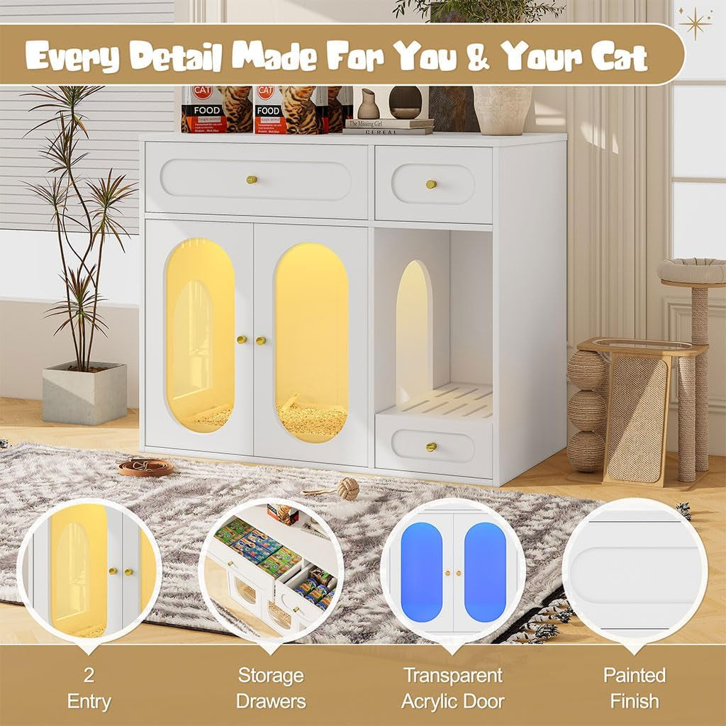 hidden-cat-litter-box-enclosure-furniture-with-led-light-modern-litter-box-cabinet-with-drawers-acrylic-door-multi-entry-cat-house-sideboard-for-living-room-37-4w-x-15-6d-x-31-5h-white