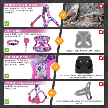 BEAUTYZOO Dog Harness Collar and Leash Set, No-Pull Step in Dog Harness for Large Dogs, Reflective No-Choke Puppy Vest Harness, Adjustable Soft Padded Pet Vest for French Bulldog, Dark Pink L4