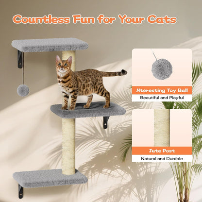 Cat Wall Shelves for Large Cats, Stable & Safe Kitty Walls Furniture Set for 40LBS Cats with Wooden Cat Climber,House, Bridge, Tree, Steps, and Scratcher for 16 Inch Drywall (Grey, 5-In-1)5