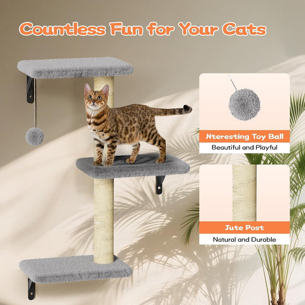 Cat Wall Shelves for Large Cats, Stable & Safe Kitty Walls Furniture Set for 40LBS Cats with Wooden Cat Climber,House, Bridge, Tree, Steps, and Scratcher for 16 Inch Drywall (Grey, 5-In-1)5