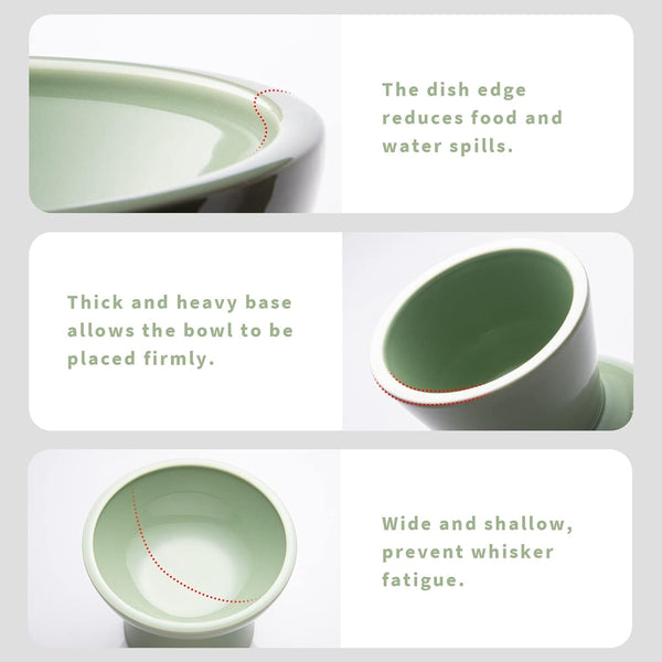 CEEFU 2-Pack Elevated Ceramic Cat Bowls Extra Wide for Food & Water | anti Vomiting, Whisker Friendly, Shallow Food Dish and Deep Water Bowl, Lead&Cadmium-Free, Raised Height for Cats, Sage Green3