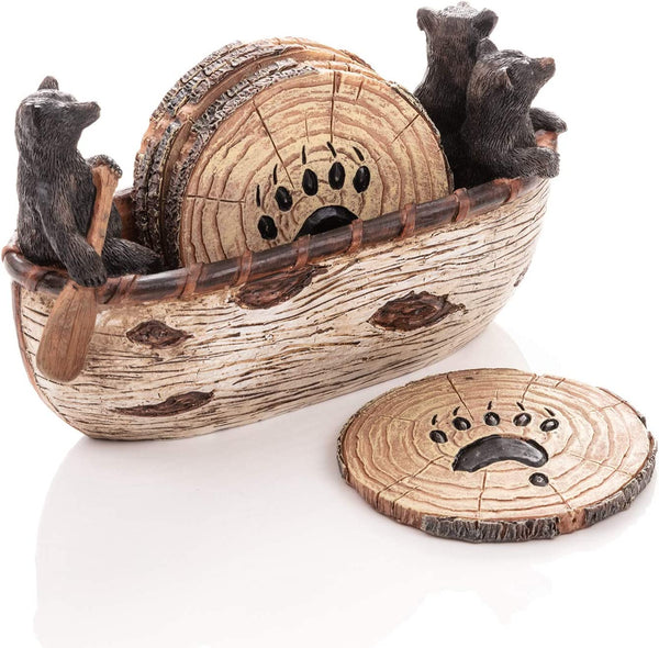 Bear Coasters - Set of 6 Full Size Rustic Coasters in Handmade Canoe with Adorable Black Bear Figurines - Log Cabin Decorations, Rustic Lodge Decor for the Home8